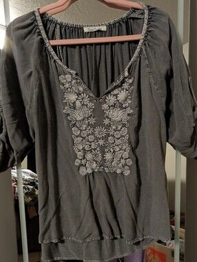 Solitaire Charcoal Embroidered V-Neck Tunic